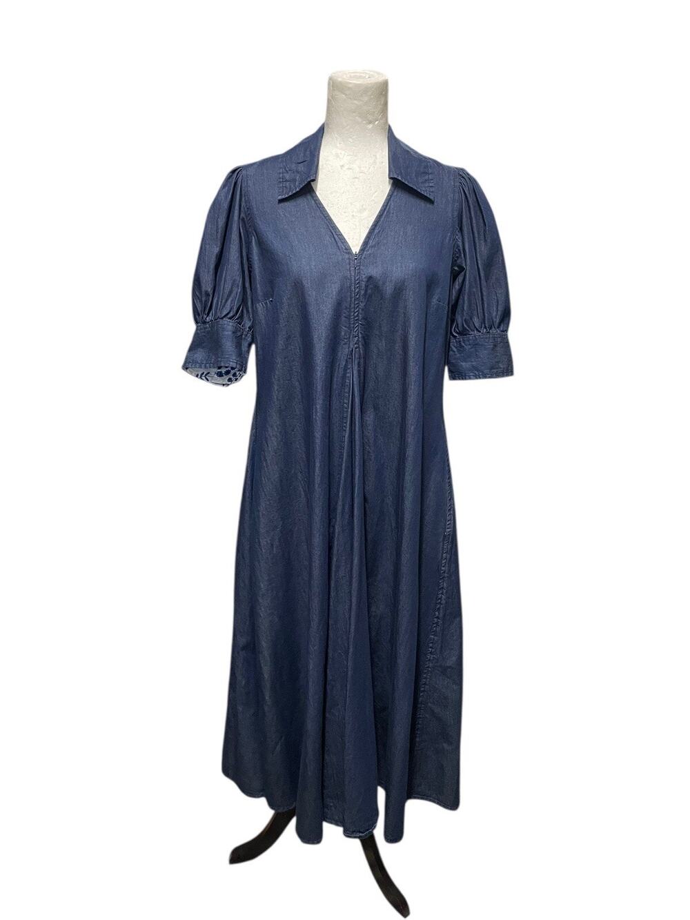 Dizzy Lizzie Montauk Trapeze Dark Wash Denim Midi Dress Puff Sleeve Oversized XS